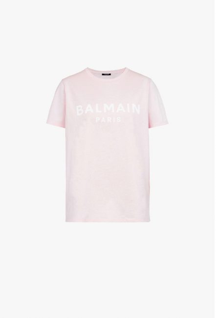 Pale pink cotton T-shirt with white Balmain logo print