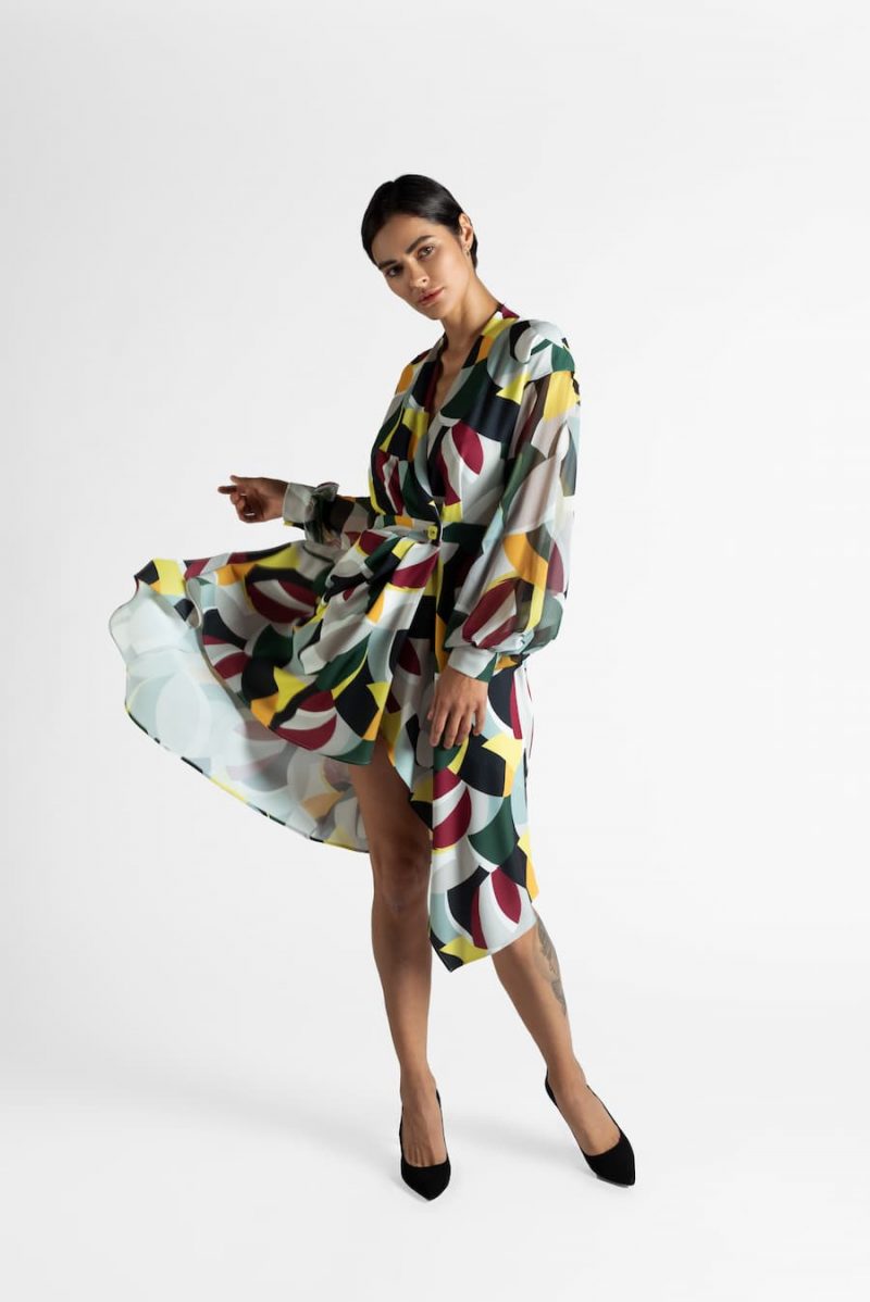 Wrap asymmetric print midi drape dress