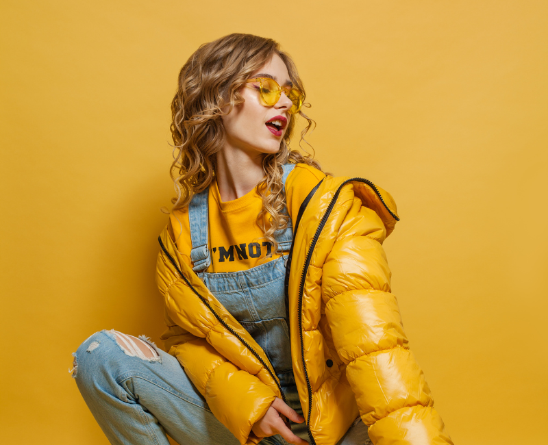 Denim and yellow jacket contrast
