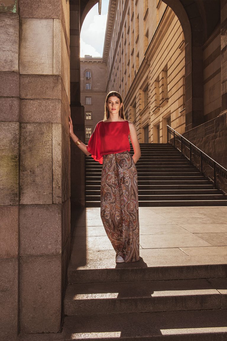 Red asymmetrical blouse and high-waitsed wide legged pants with beige pattern| Going out Blouses by D2Line