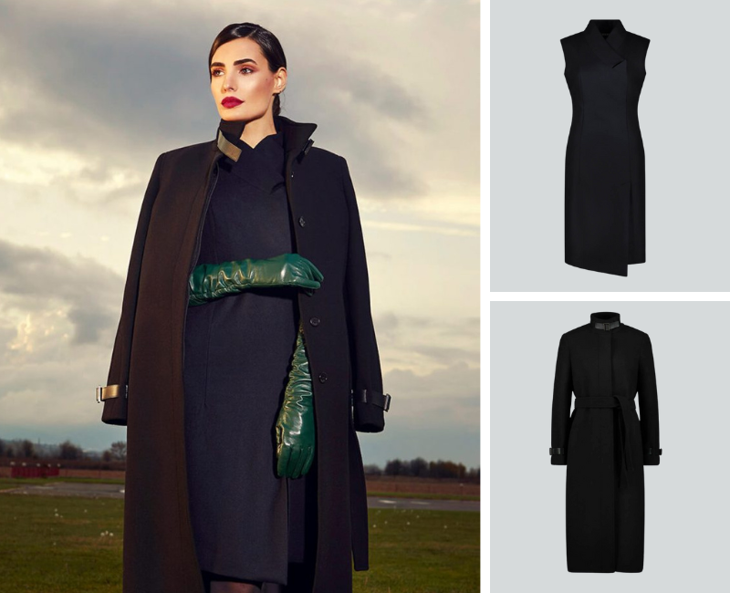 Professional office look for women with midi black dress and wool coat