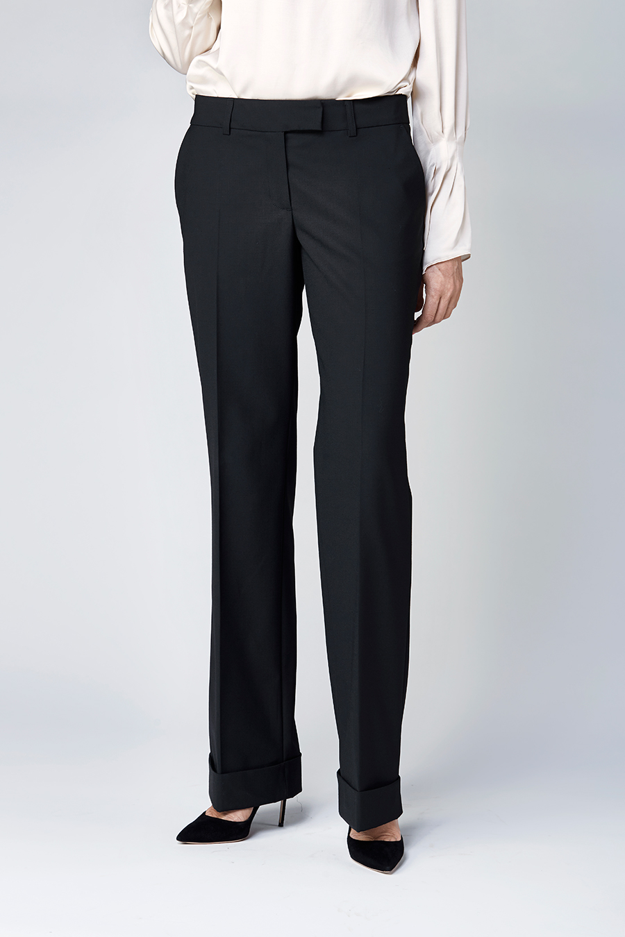 Black mid-rise wide leg pants with cuff | D2line