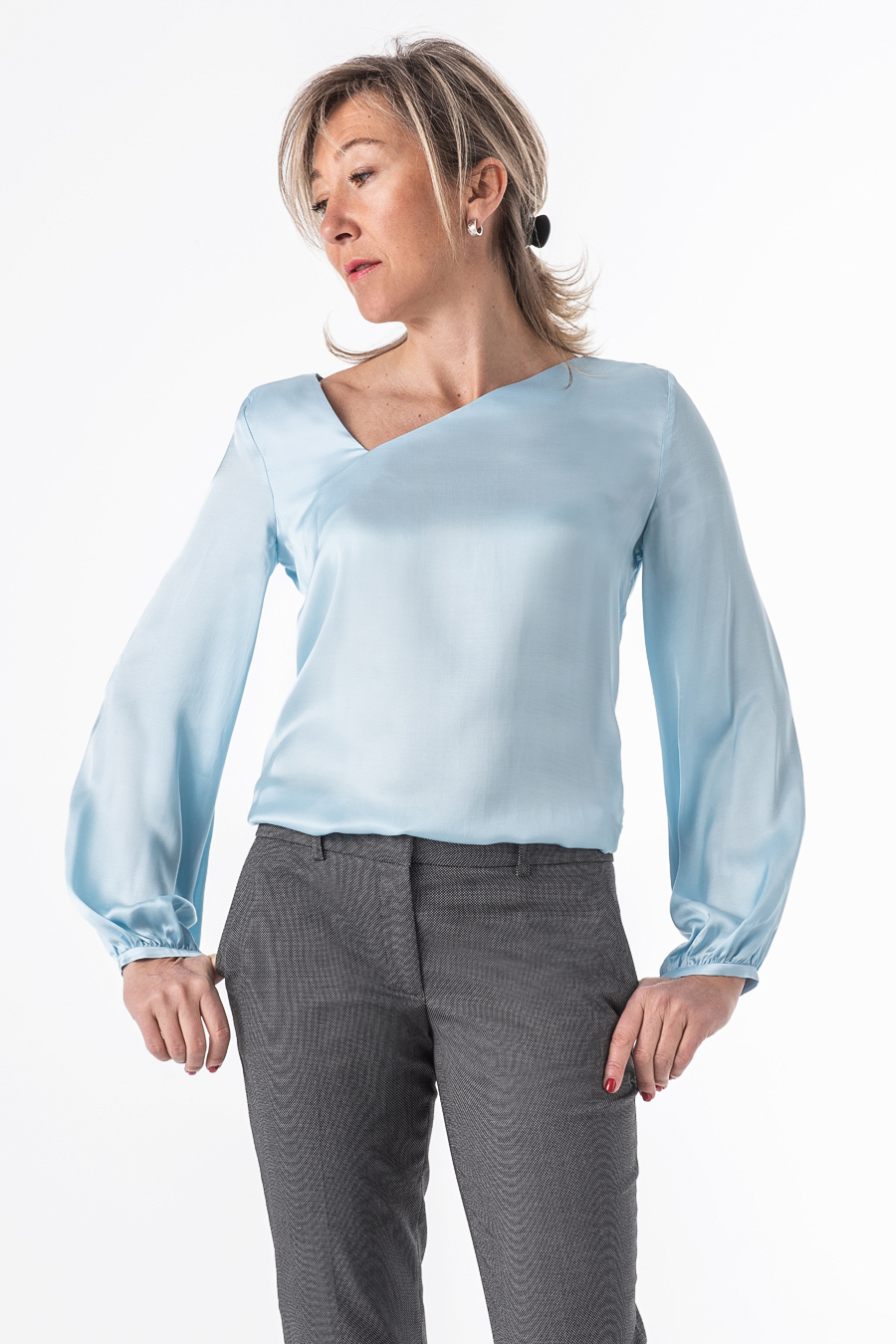 Long sleeve blouse with asymmetric v-neck in light blue