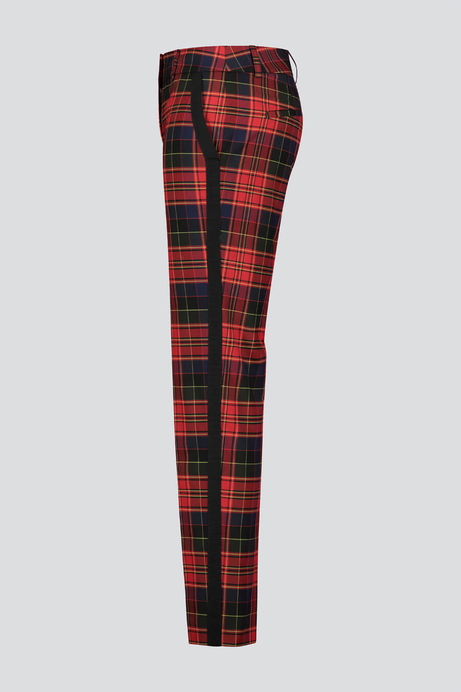 Slim-fit red and black plaid pants with black satin stripe on side