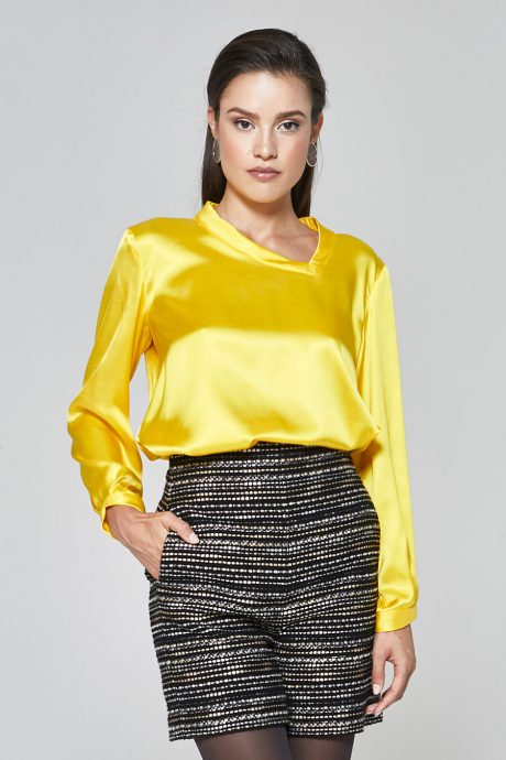 Long sleeve blouse with asymmetric neckline in yellow | D2line