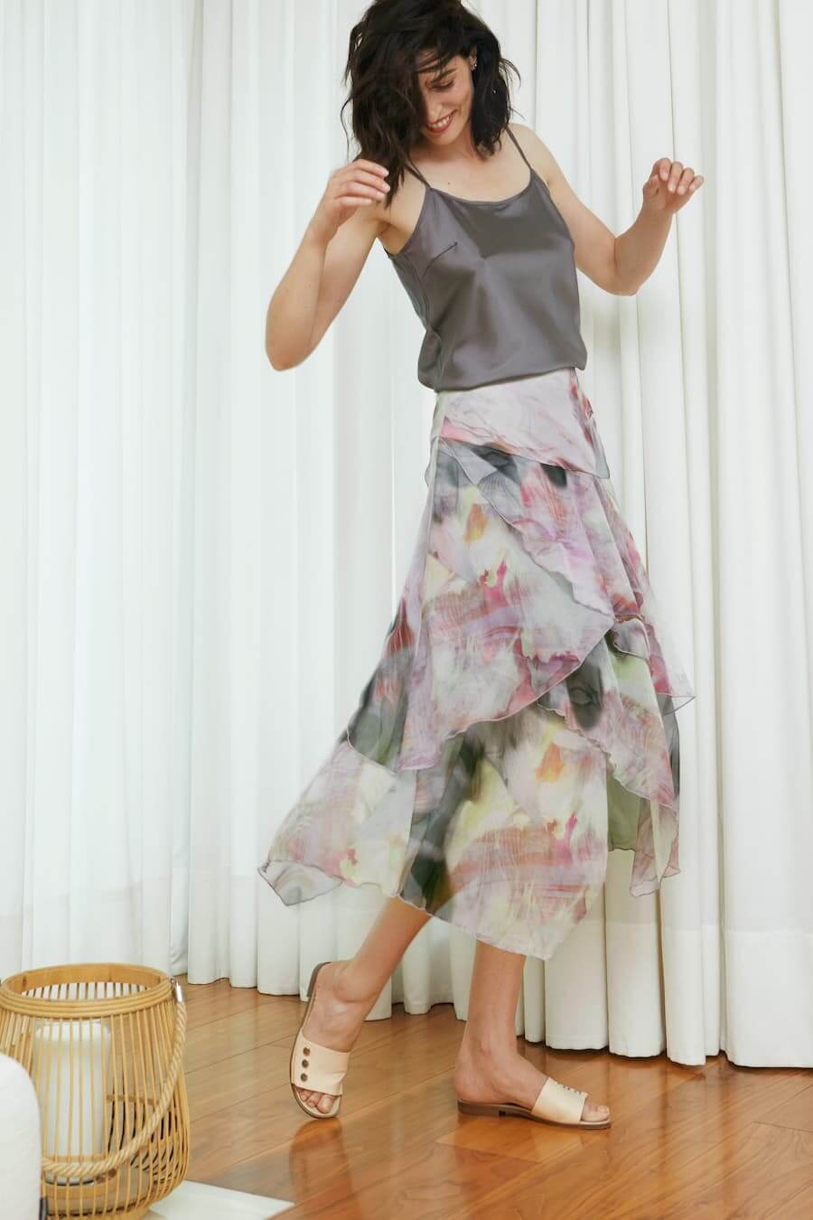 Printed chiffon midi skirt with ruffles ...