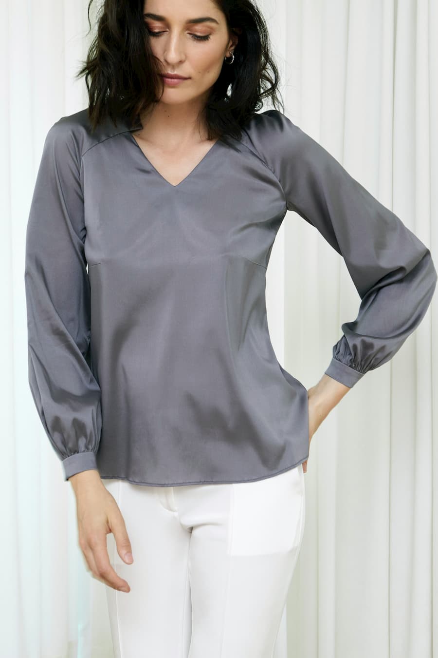 Silk blouse with raglan sleeves and v ...