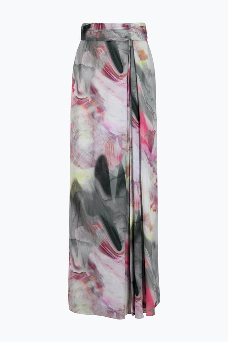 Printed maxi skirt with deep slit and accent pleats | D2line
