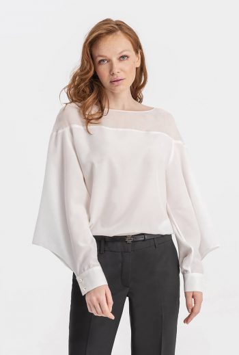 Silk blouse with umbrella long sleeves in white | D2line