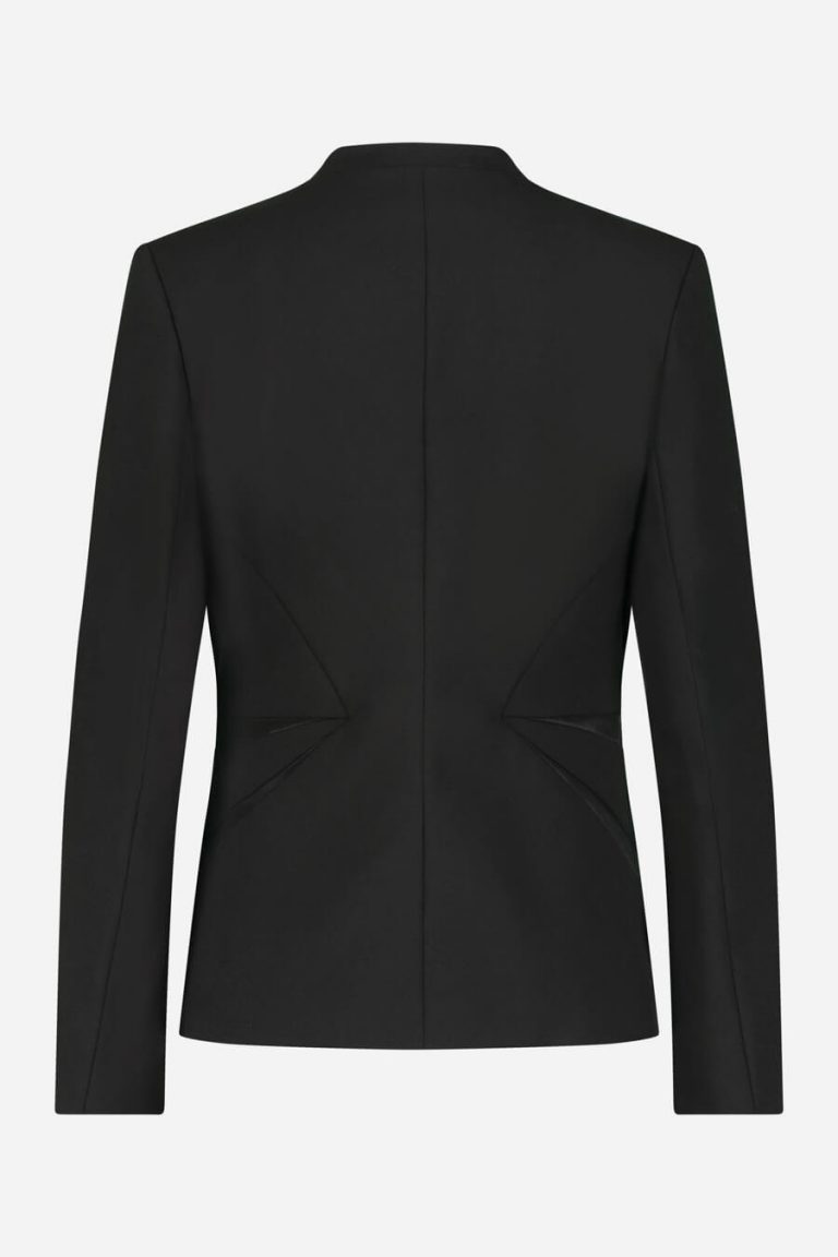 Tuxedo jacket with satin inserts and structural cuts in black | D2line